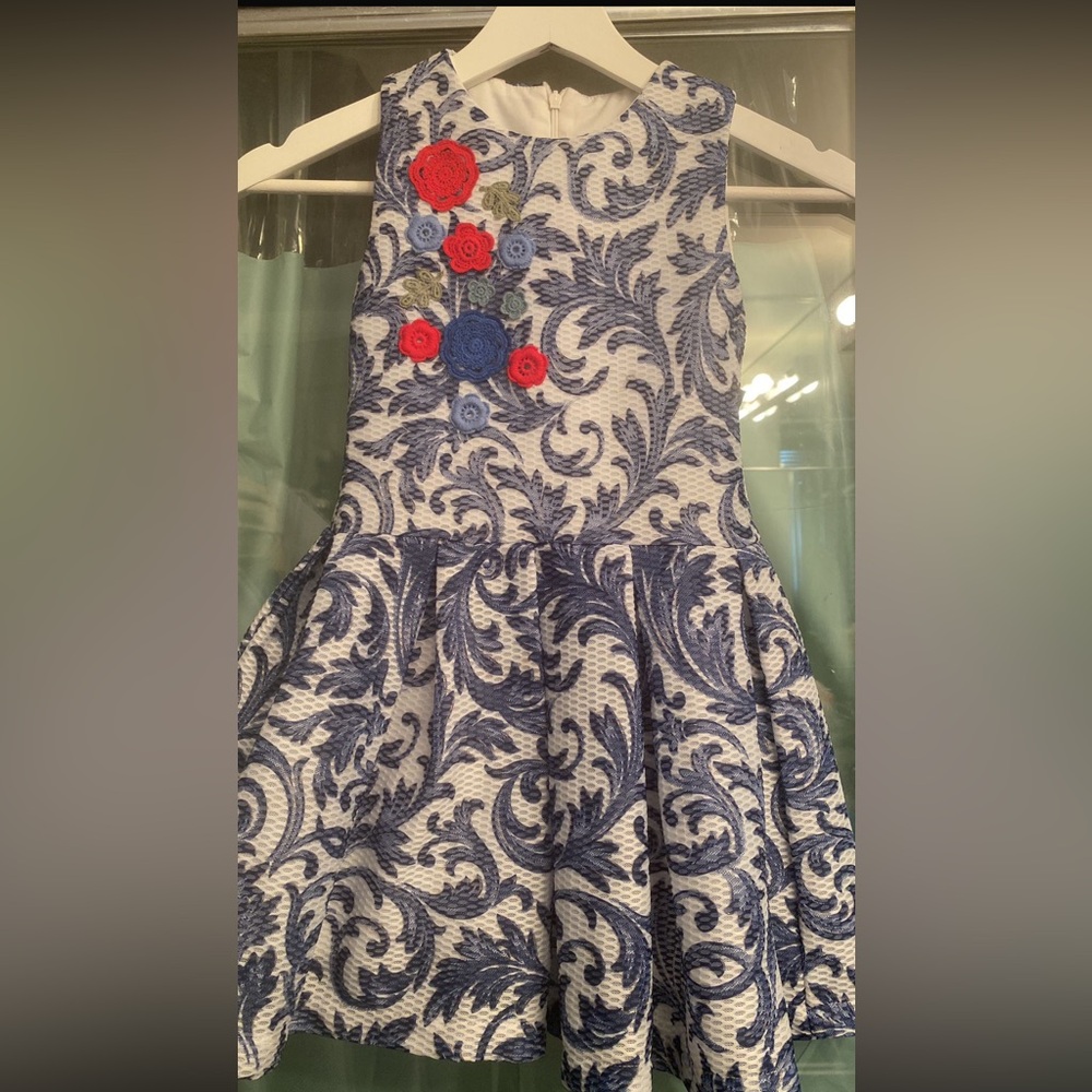 Blue and White Floral kids Dress with
Embroidered Flowers